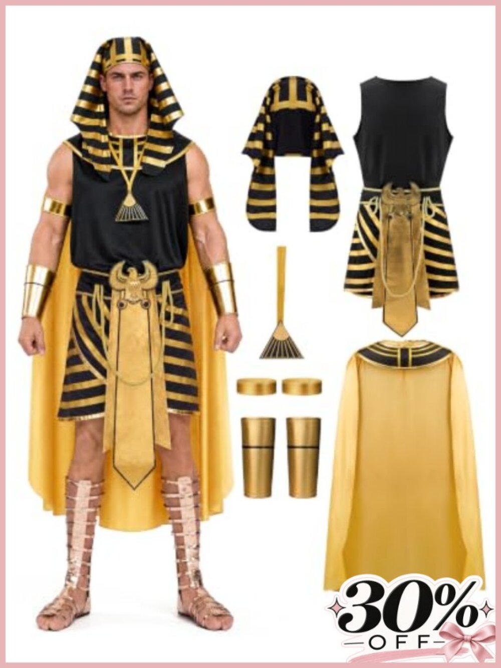 Egyptian King Pharaoh Costume Men 9 Piece Set Polyester Halloween Cosplay